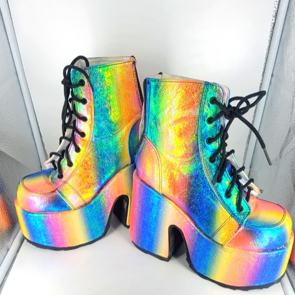 Demonia Iridescent Rainbow Platform Lace-Up Boots